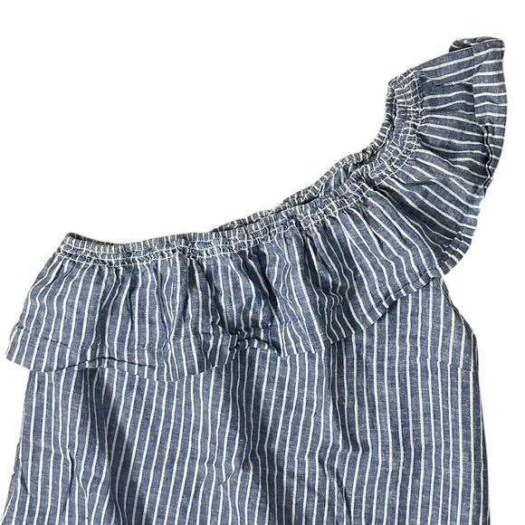 MADEWELL One Shoulder Blue White Striped Ruffle Linen Dress w Pockets Size M - Picture 3 of 7